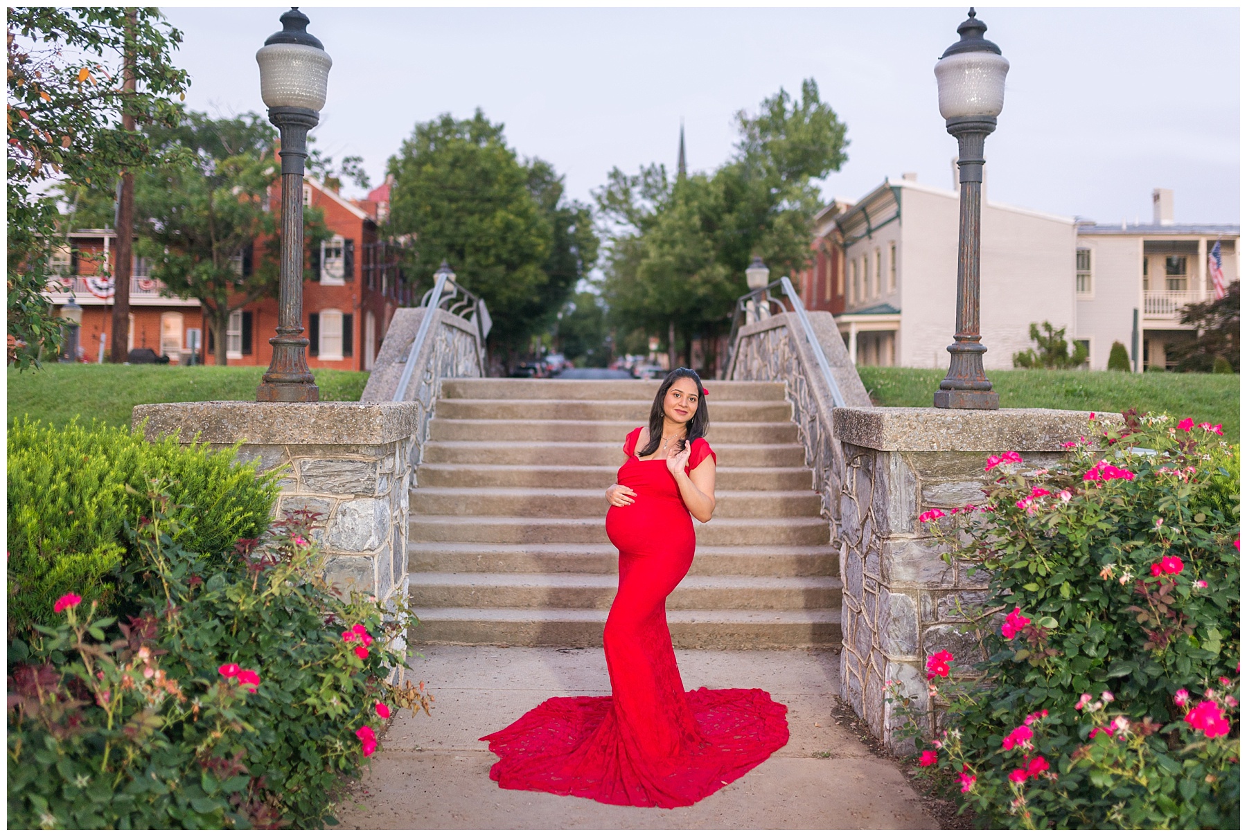 Red Catherine Maternity Gown Baker Park Maternity Shoot