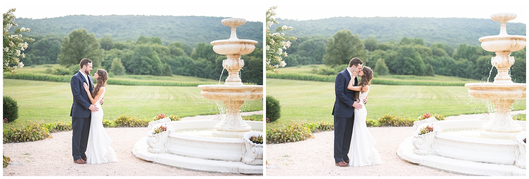 Springfield Manor Wedding bride and groom portraits at the fountain