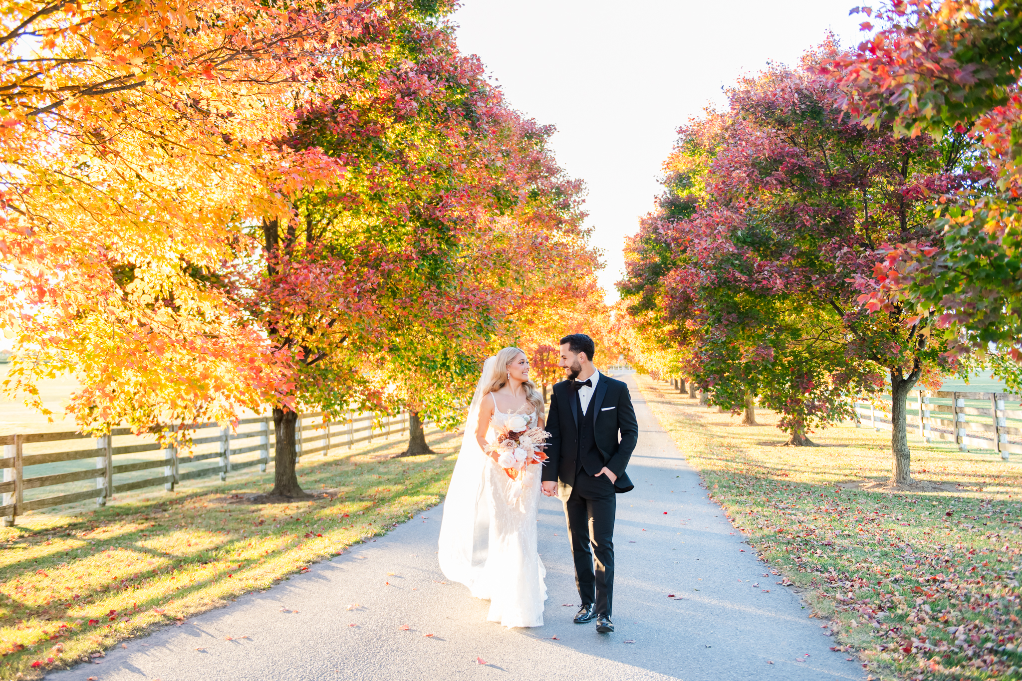 Golden hour portraits of Hailey and Jake walk down a tree lined path at Bluebird Manor