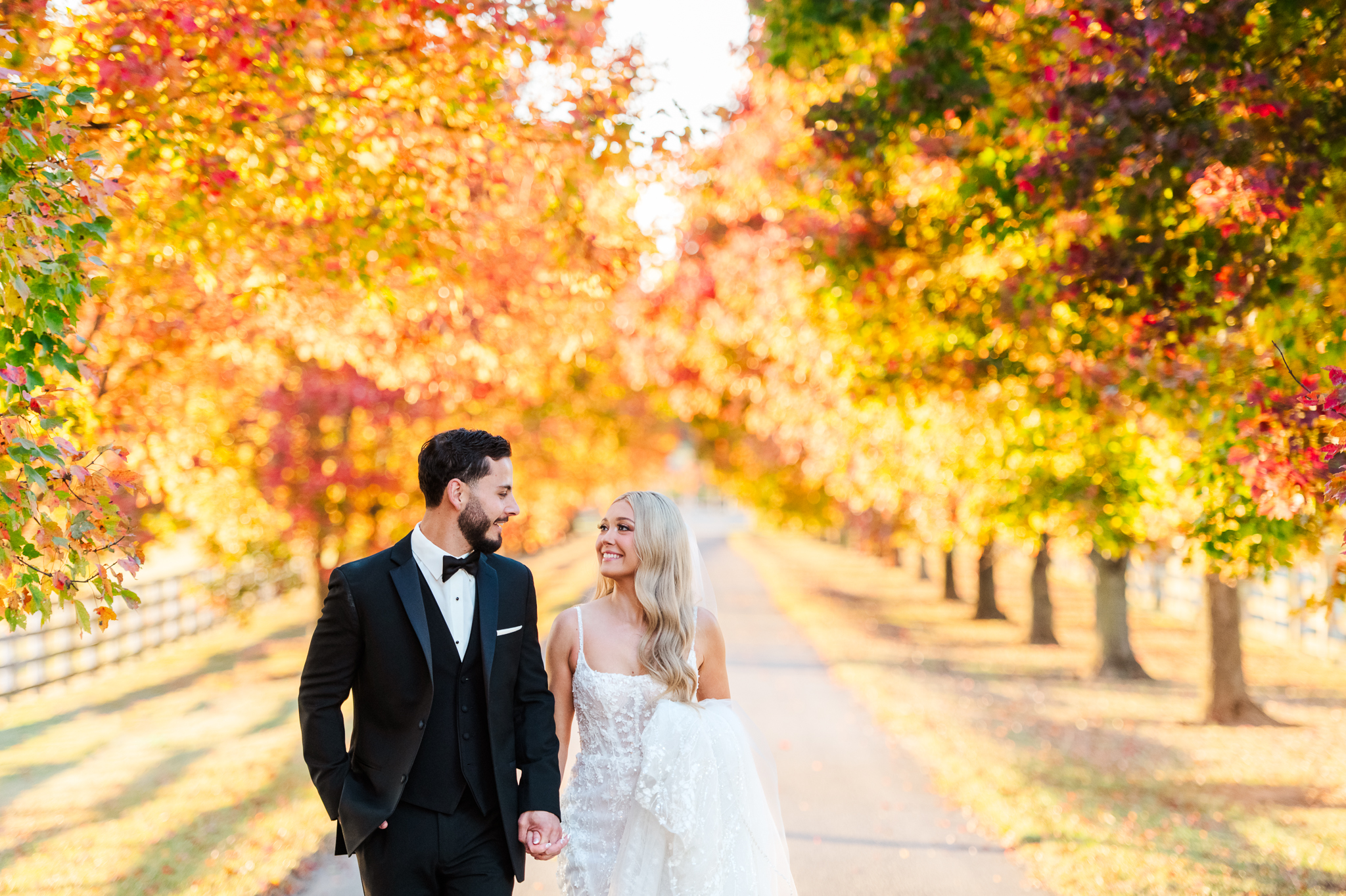 Golden hour portraits of Hailey and Jake walk down a tree lined path at Bluebird Manor
