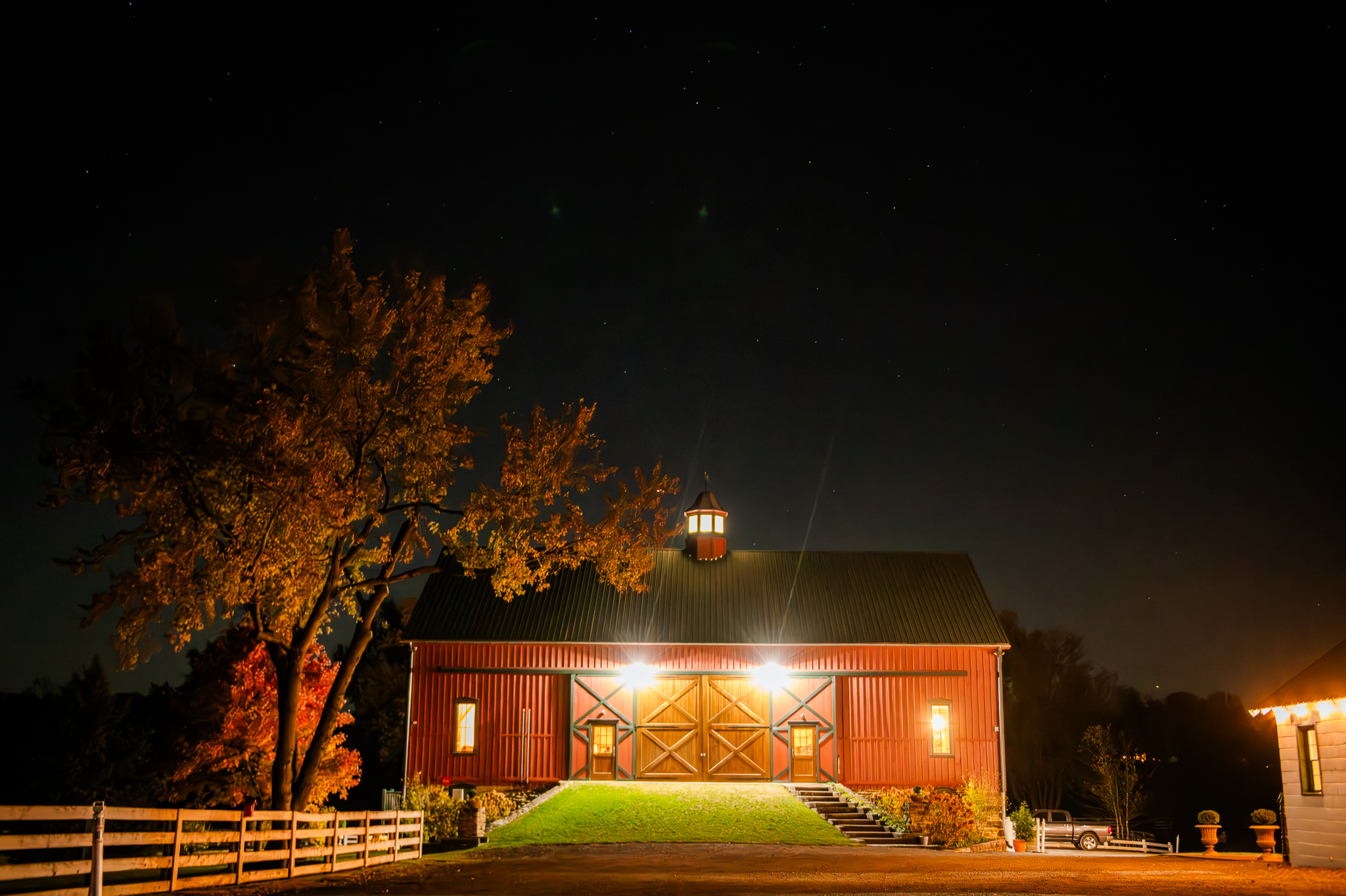 Bluebird Manor wedding venue at night in Frederick Maryland