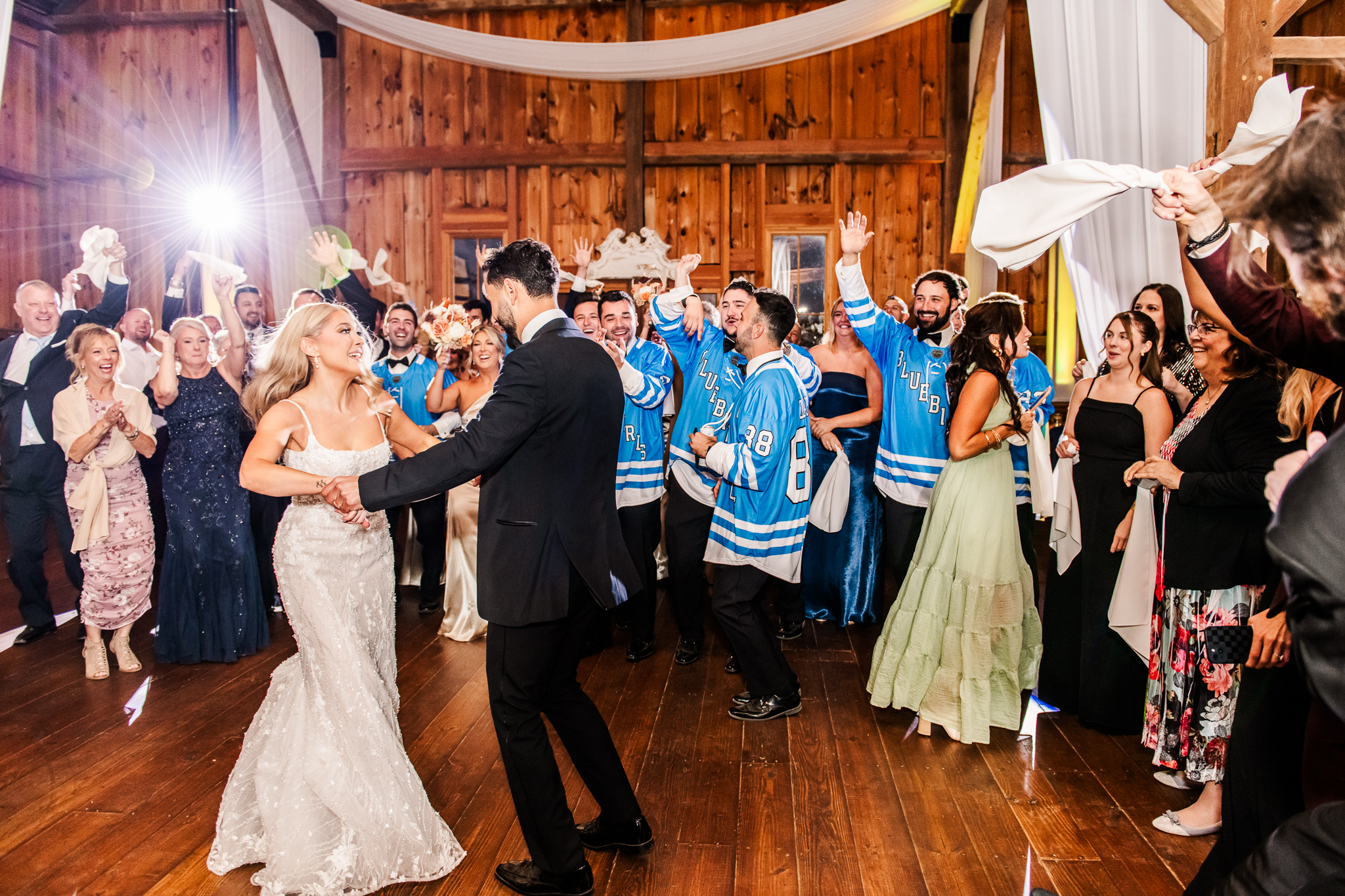 Bride and groom celebrating on Bluebird Manor's dance floor