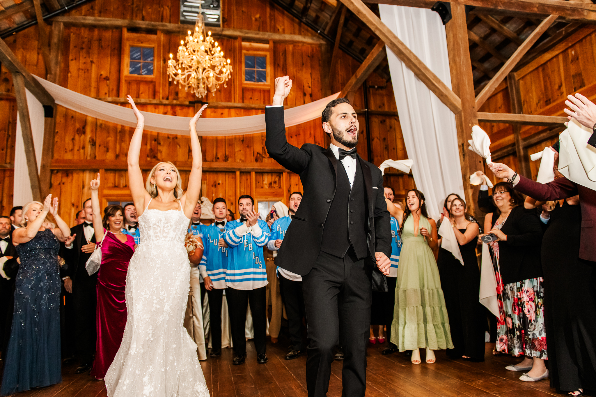 Bride and groom celebrating on Bluebird Manor's dance floor