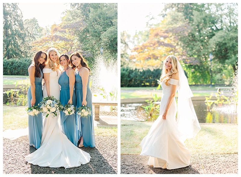 Bridesmaid and bride portraits in front of the pond at Strong Mansion