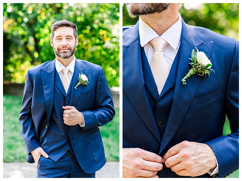 Detail photos of a groom in a navy suit with a pink tie