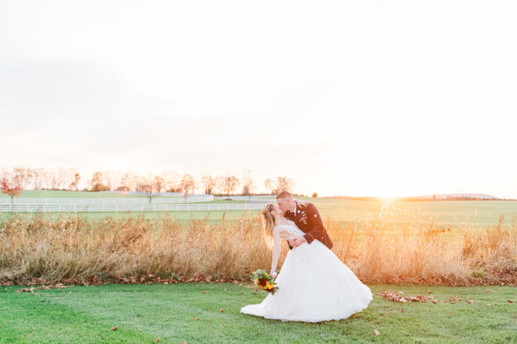 Sunset fall wedding portraits in the fields at Bluebird Manor Frederick MD