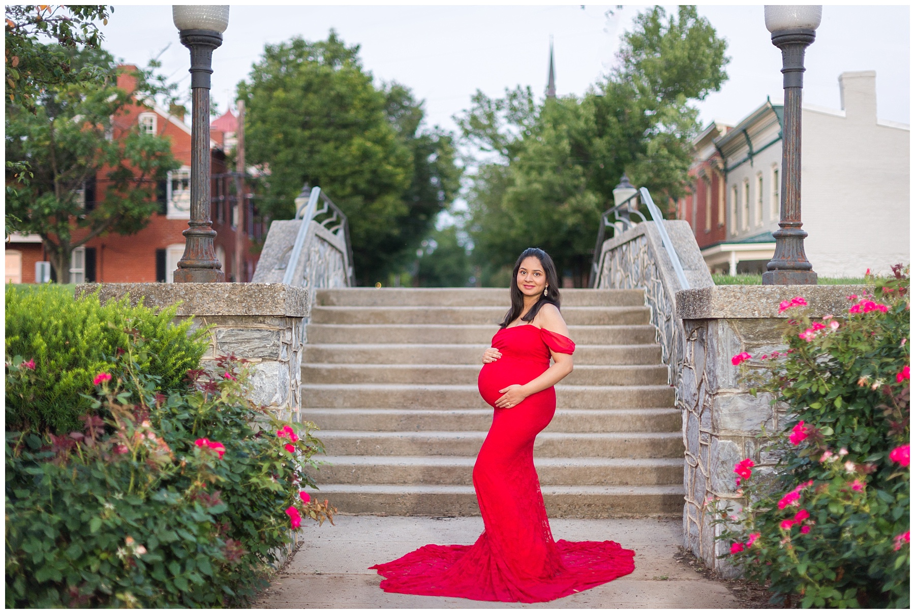 Red Catherine Maternity Gown Baker Park Maternity Shoot