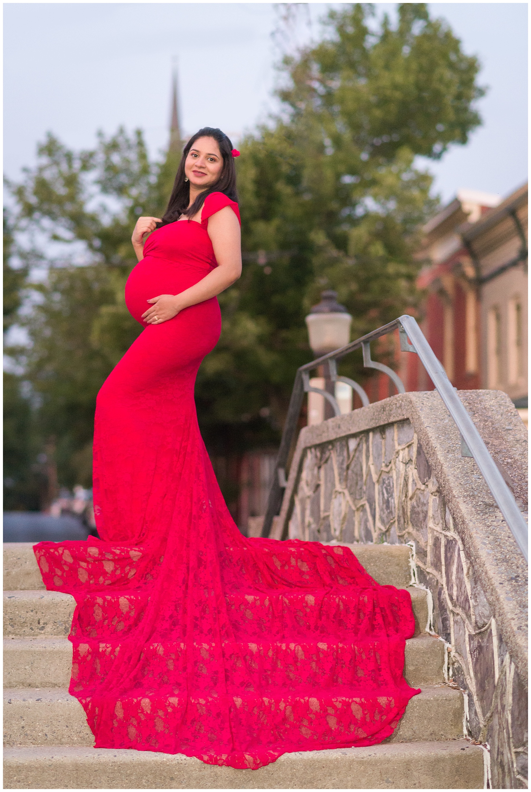 Red Catherine Maternity Gown Baker Park Maternity Shoot