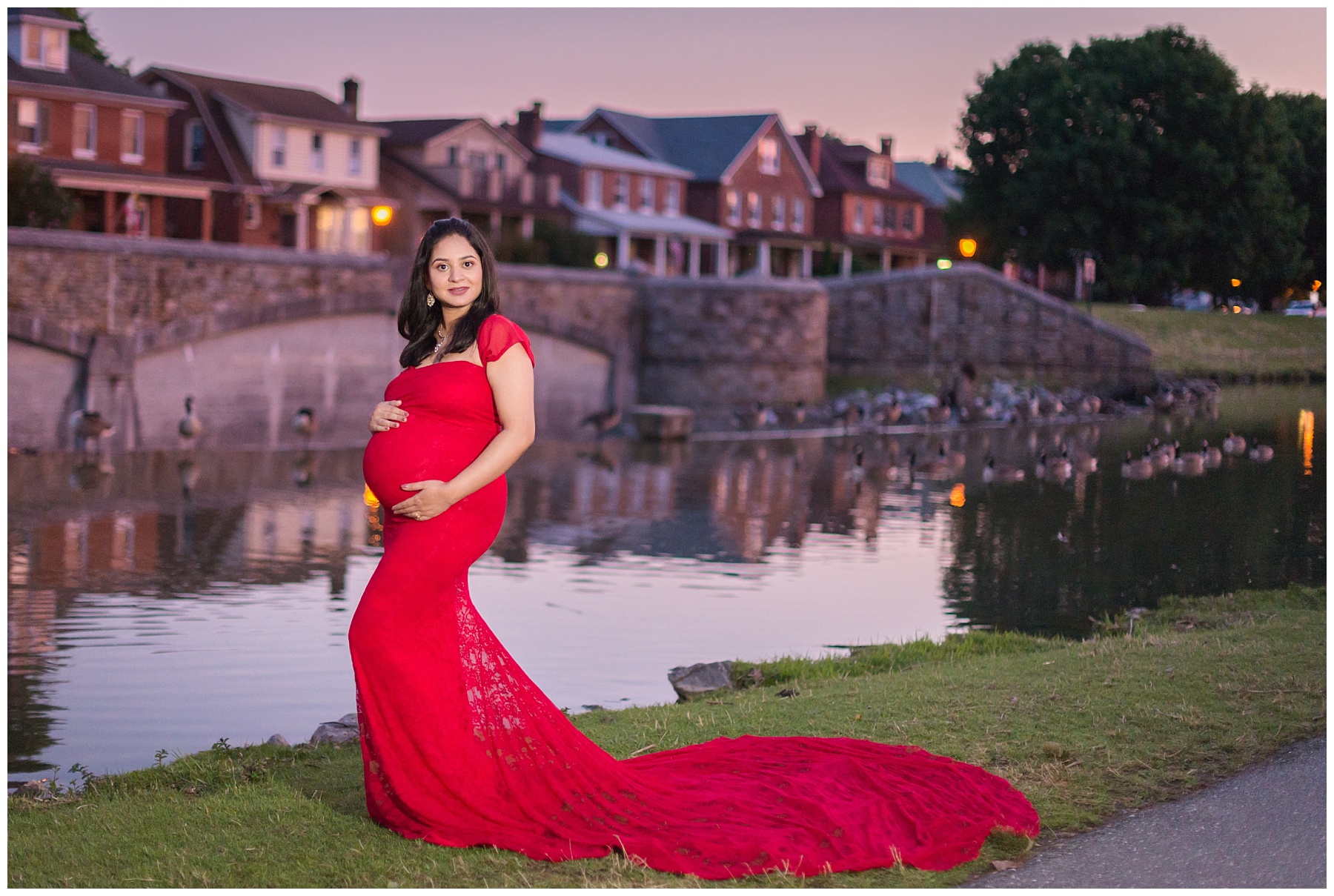 Red Catherine Maternity Gown Baker Park Maternity Shoot