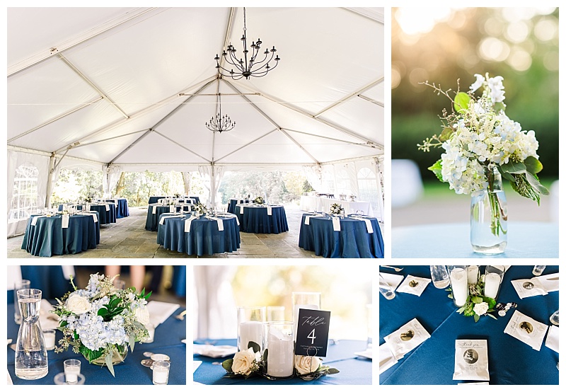 Detail shots of Strong Mansion's white tented reception feauturing dark blue accents, white candles, and party favors in honor of their pets